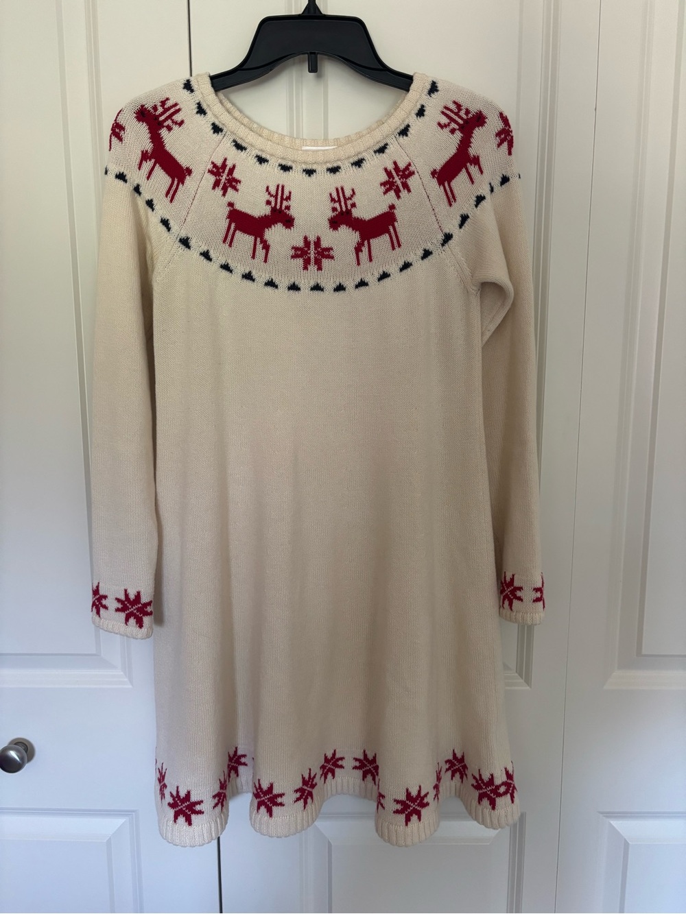 Girls Hanna Andersson cream Dear Deer print sweater dress sz 150 (12).